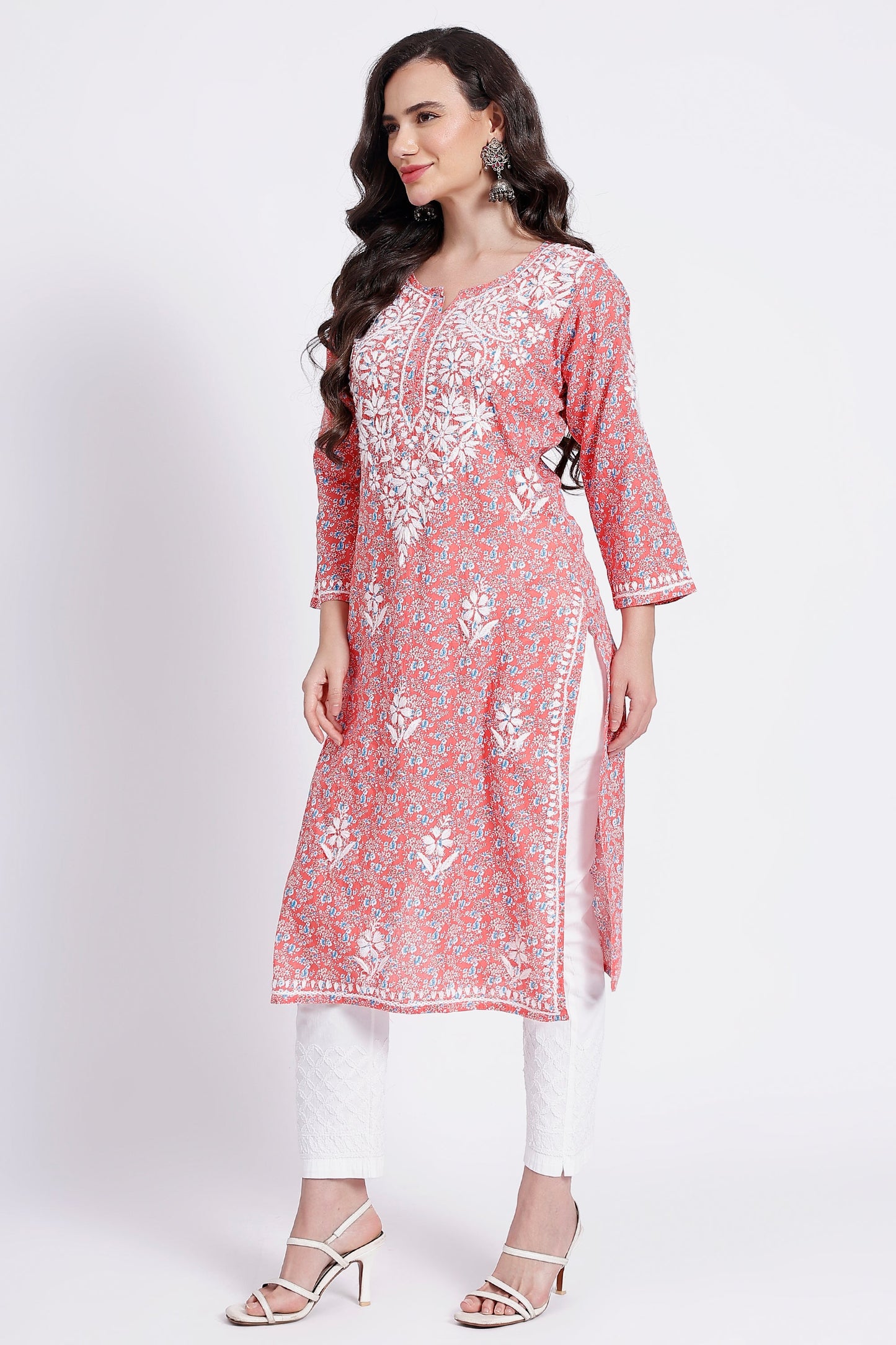 The Chikankari Story Hand-Embroidered Pure Cotton Printed Lucknowi Chikankari Kurta available in 4 subtle Colors