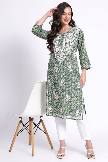 The Chikankari Story Hand-Embroidered Pure Cotton Printed Lucknowi Chikankari Kurta available in 4 subtle Colors