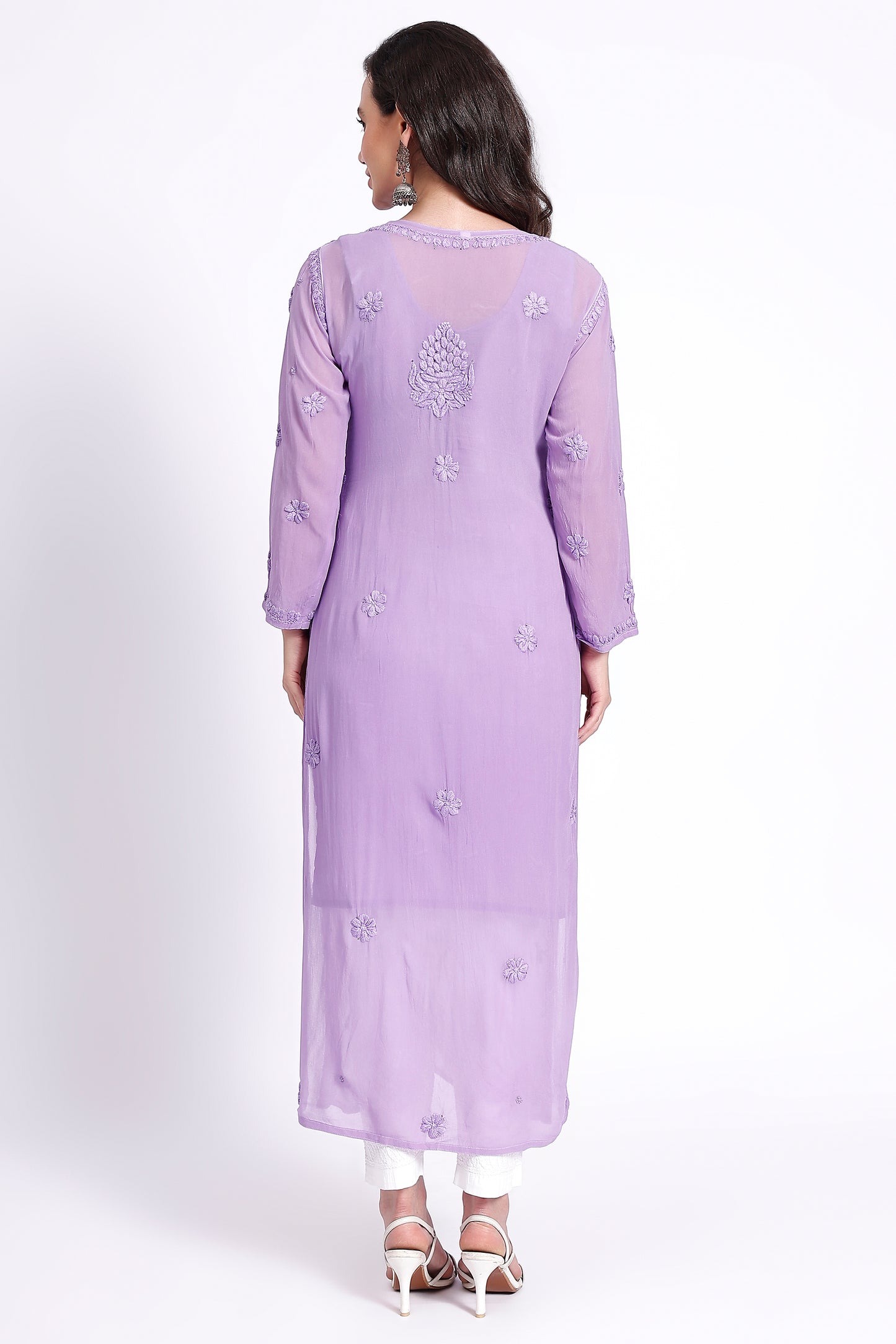 The Chikankari Story Hand-Embroidered Pure Lillac Georgette Fabric Lucknowi Chikankari light purple Kurta kurti having Traditional 3D Hand Work & Mukaish Embellishments.