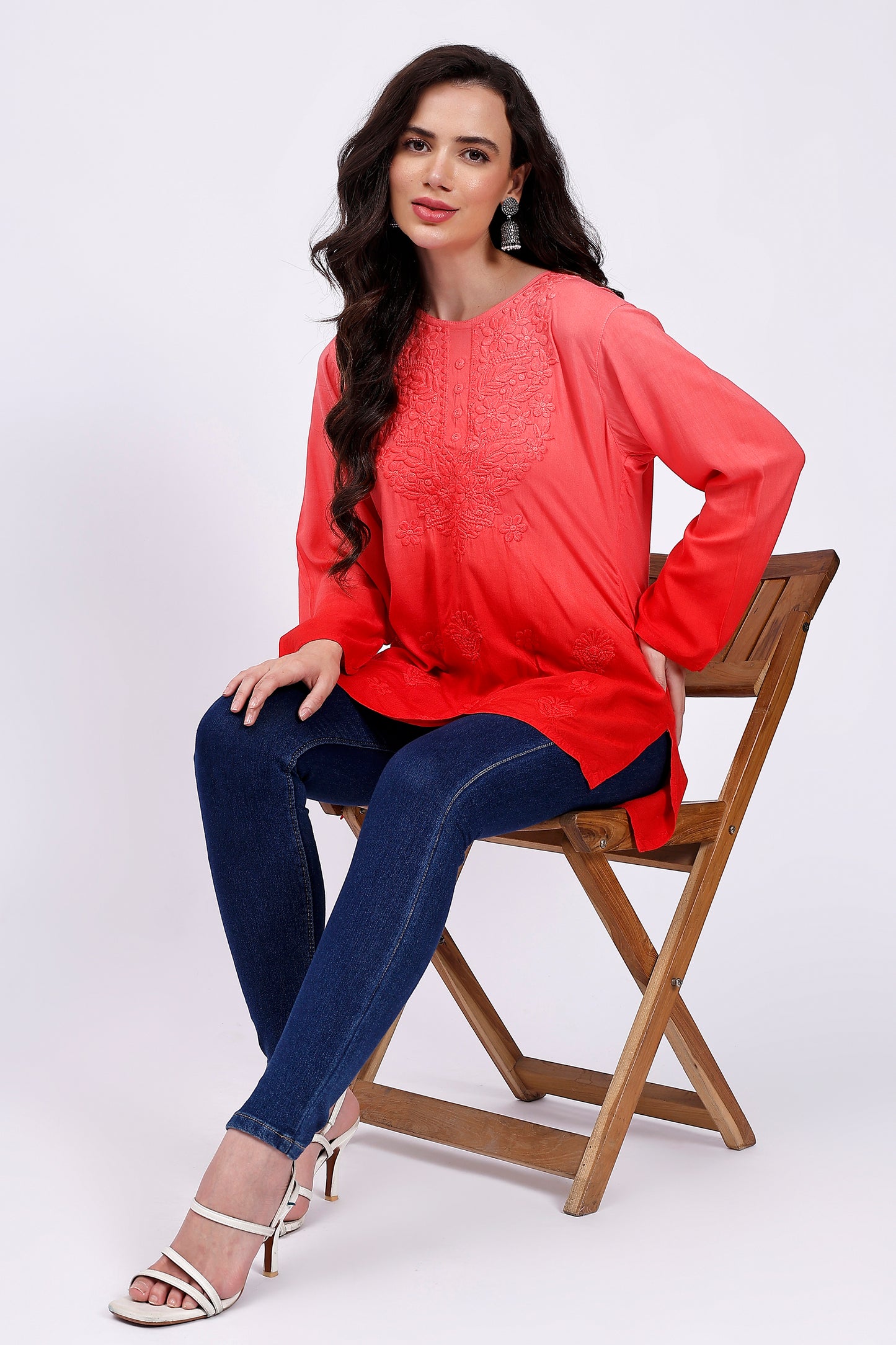 The Chikankari Story Elegant Red Rayon Chikankari Kurti with Heavy Neck Embroidery – Short Length, Pre-Dyed Design.