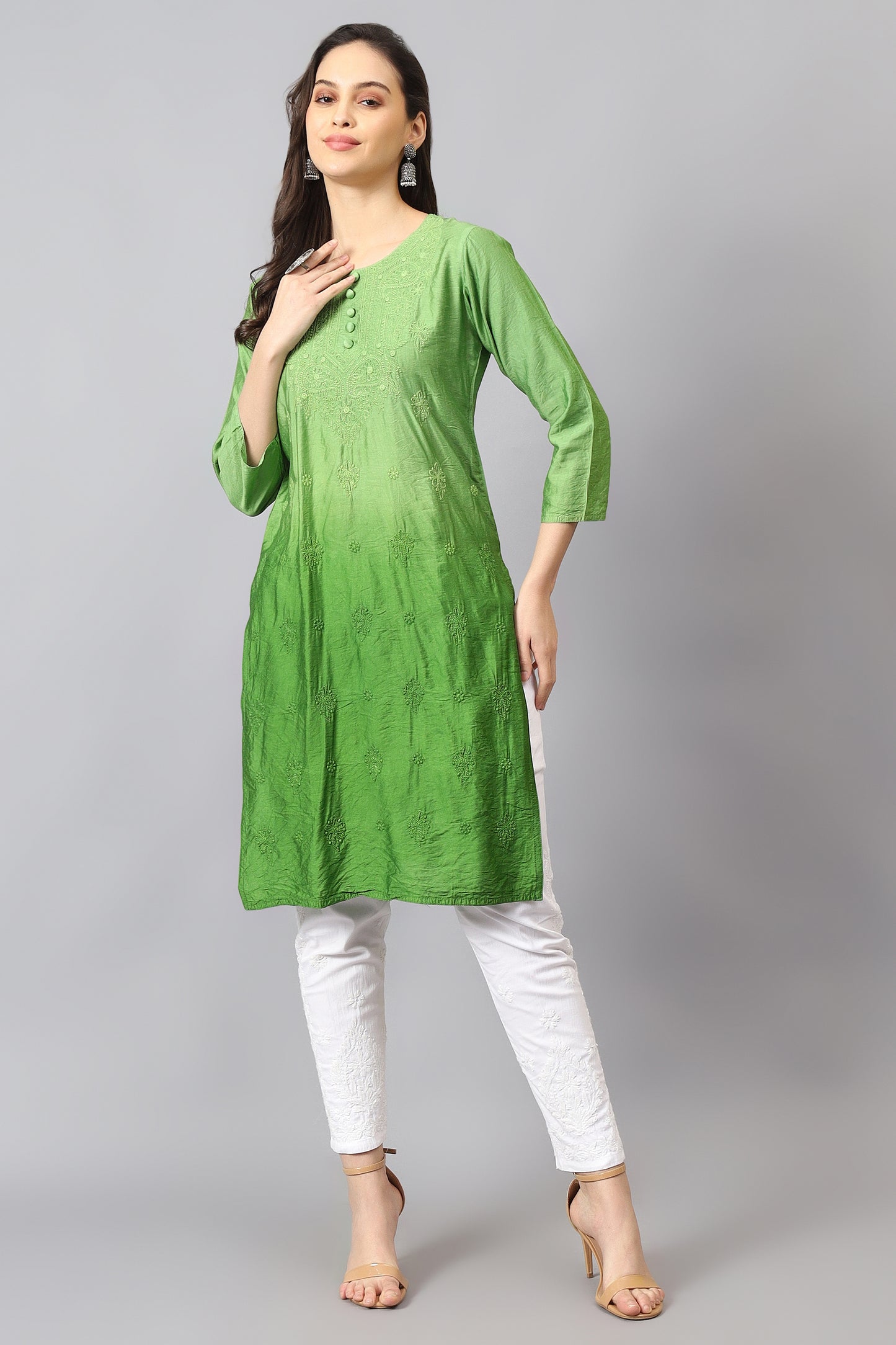 The chikankari story Pure Chanderi Embroidery Kurti - Exquisite Fine Embroidery in Ombre Shades of Red, Blue, and Green - Top Selling Elegant Women's Top.