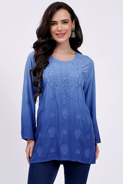 The Chikankari Story Elegant Blue Rayon Chikankari Kurti with Heavy Neck Embroidery – Short Length, Pre-Dyed Design.