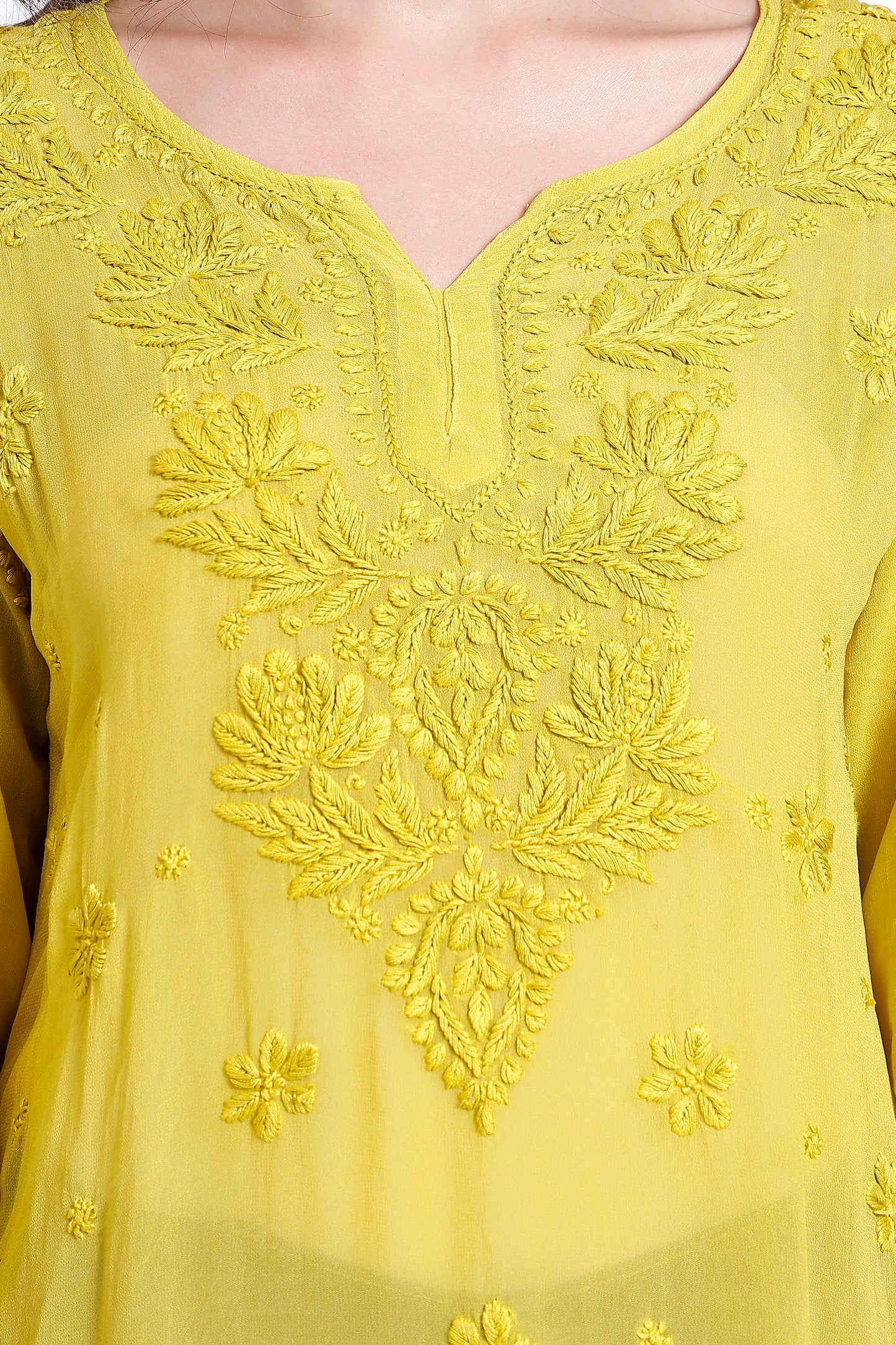 The Chikankari Story Elegant Yellow Viscose Georgette Chikankari hand embroidery 3D work Kurti with Heavy Neck Embroidery – Short Length kurti kurta.