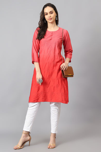 The chikankari story Pure Chanderi Embroidery Kurti - Exquisite Fine Embroidery in Ombre Shades of Red, Blue, and Green - Top Selling Elegant Women's Top.