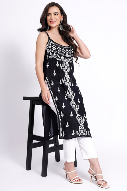 The Chikankari Story Hand-Embroidered Pure Modal Fabric Lucknowi Chikankari Noddle Strap Black Kurta kurti having Traditional 3D Motifs Work.