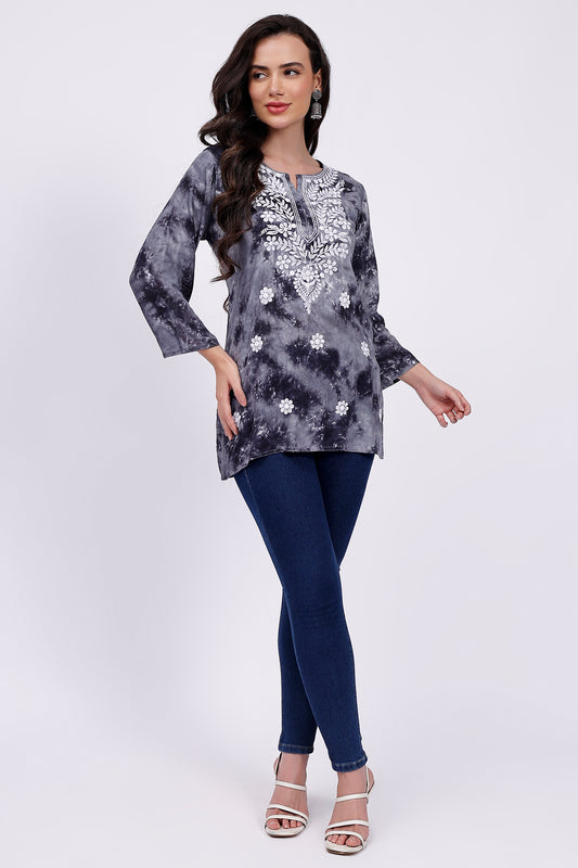 The Chikankari Story Embroidered Rayon Tie-Dyed Chikankari Grey short Kurti with 3D Embroidery.