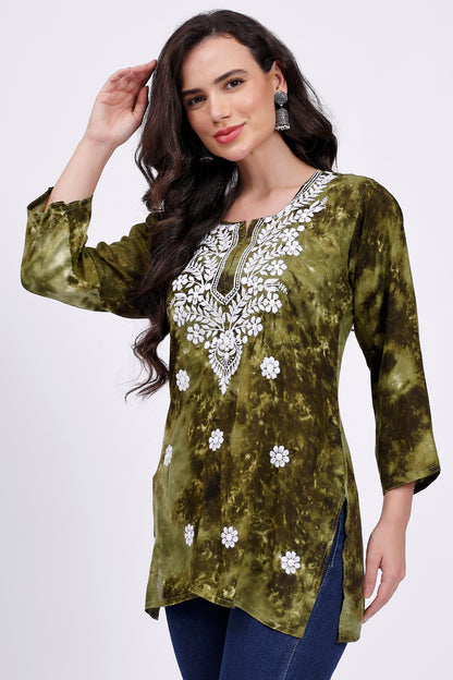 The Chikankari Story Embroidered Rayon Tie-Dyed Chikankari Green short Kurti with 3D Embroidery.