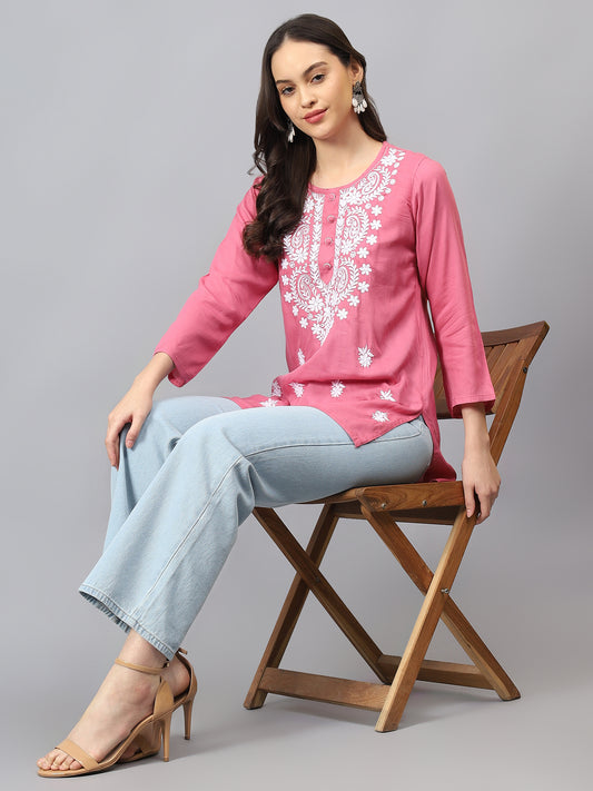 Chikankari Machine Embroidery Short Kurta, Kurti, and Tunic Collection in Cotton Rayon Fabric.