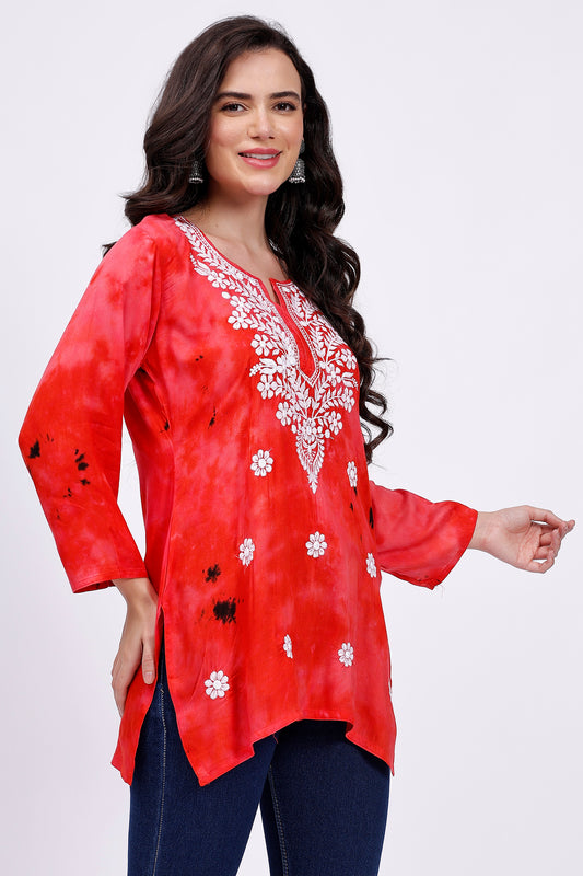 The Chikankari Story Embroidered Rayon Tie-Dyed Chikankari Red short Kurti with 3D Embroidery.