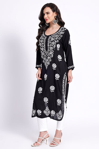 The Chikankari Story Hand-Embroidered Pure Modal Fabric Lucknowi Chikankari Black Kurta kurti having Traditional 3D Motifs Work.