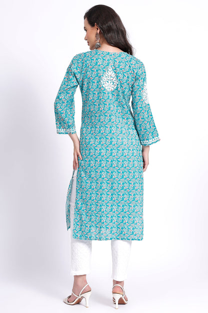 The Chikankari Story Hand-Embroidered Pure Cotton Printed Lucknowi Chikankari Kurta available in 4 subtle Colors