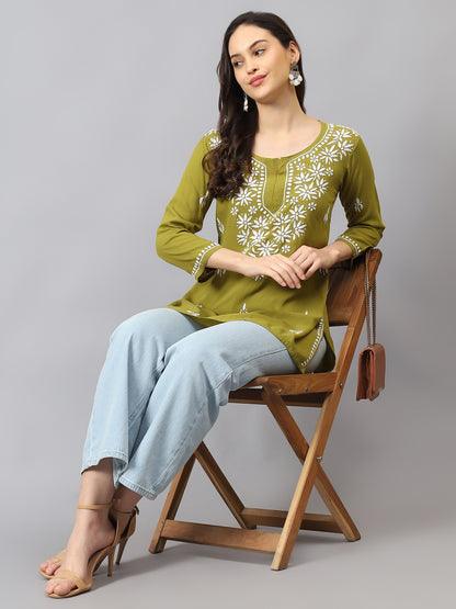 The Chikankari Story: Lucknowi Chikankari Hand Embroidery Cotton Rayon Short Kurti, Kurta, Top, and Tunic Collection in Deep Sea Green, Green Olive, Cool Blue, Black, and Grey