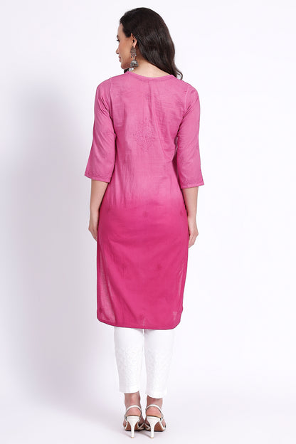 The Chikankari Story Hand-Embroidered Pure Cotton Pre-Dyed Lucknowi Chikankari Pink Kurta kurti having Traditional Bakhiya Work.