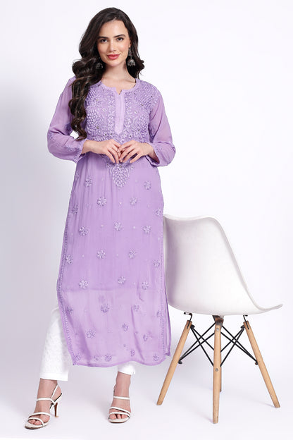 The Chikankari Story Hand-Embroidered Pure Lillac Georgette Fabric Lucknowi Chikankari light purple Kurta kurti having Traditional 3D Hand Work & Mukaish Embellishments.