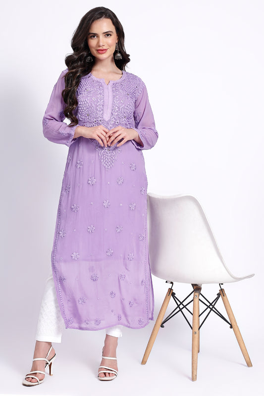 The Chikankari Story Hand-Embroidered Pure Lillac Georgette Fabric Lucknowi Chikankari light purple Kurta kurti having Traditional 3D Hand Work & Mukaish Embellishments.