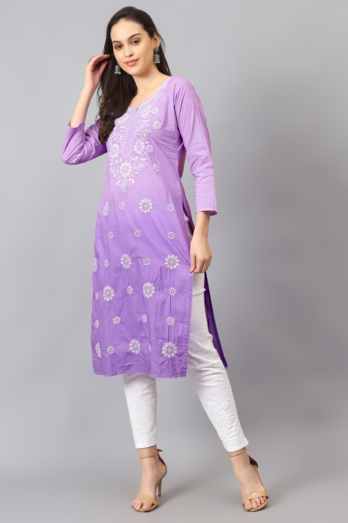 The chikankari story Pure Cotton Kurti for Women - Fine Chikan Kari Machine Embroidery in Ombre Shades of Purple, White, Yellow, Pink, and Blue.