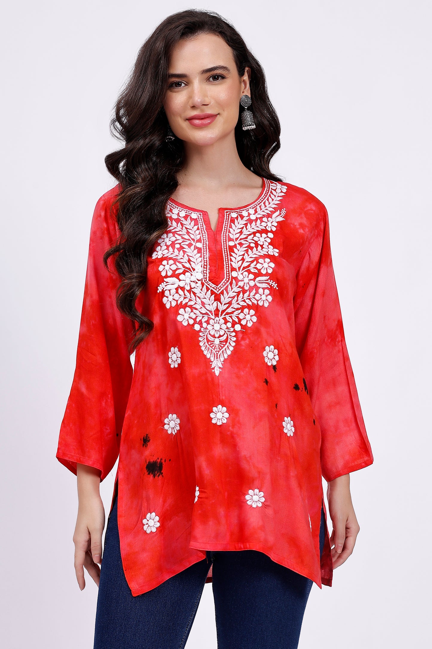 The Chikankari Story Embroidered Rayon Tie-Dyed Chikankari Red short Kurti with 3D Embroidery.