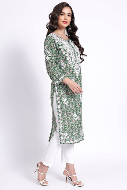 The Chikankari Story Hand-Embroidered Pure Cotton Printed Lucknowi Chikankari Kurta available in 4 subtle Colors