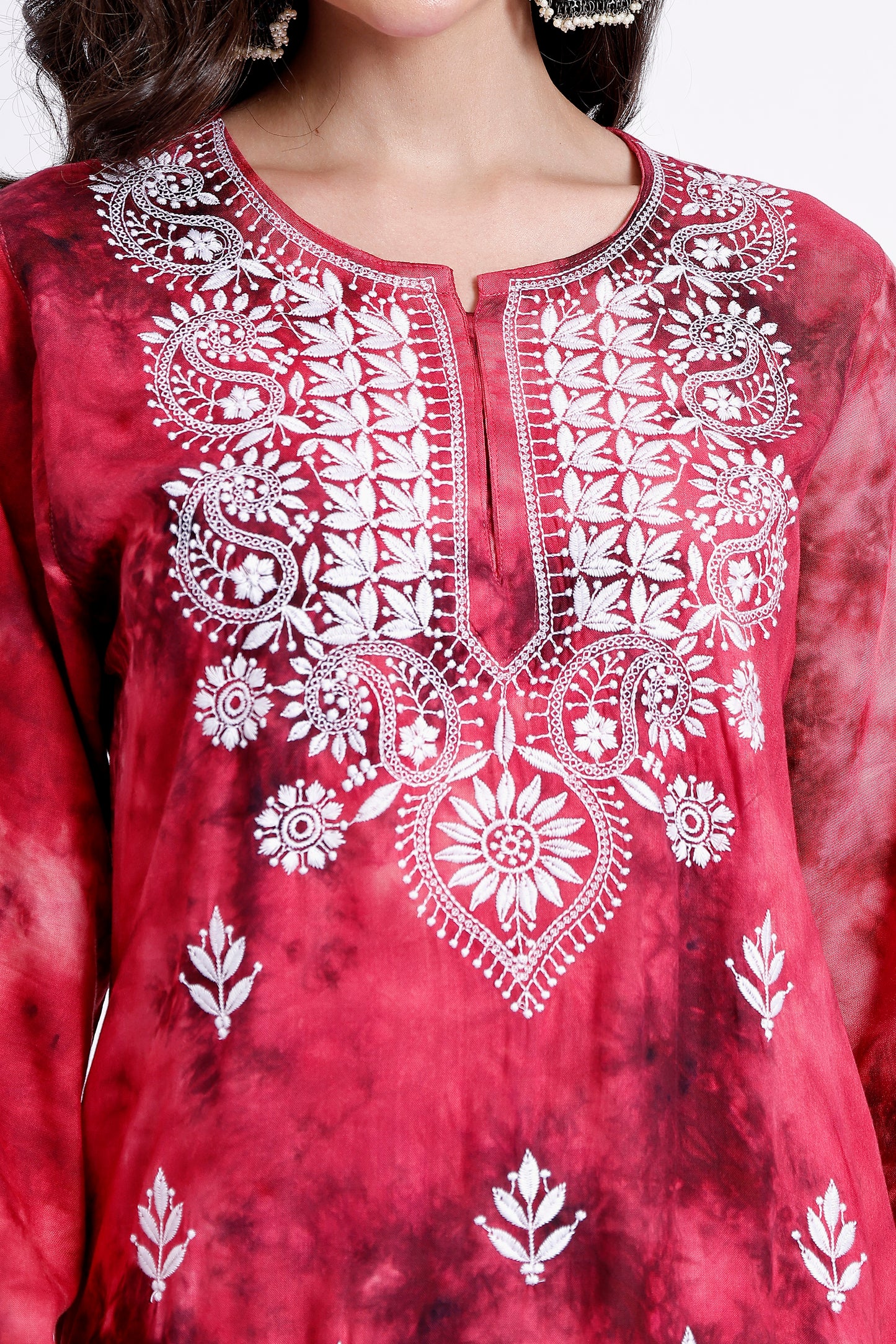 The Chikankari Story Embroidered Rayon Tie-Dyed Chikankari pink Kurti Plazzo set with 3D Embroidery.