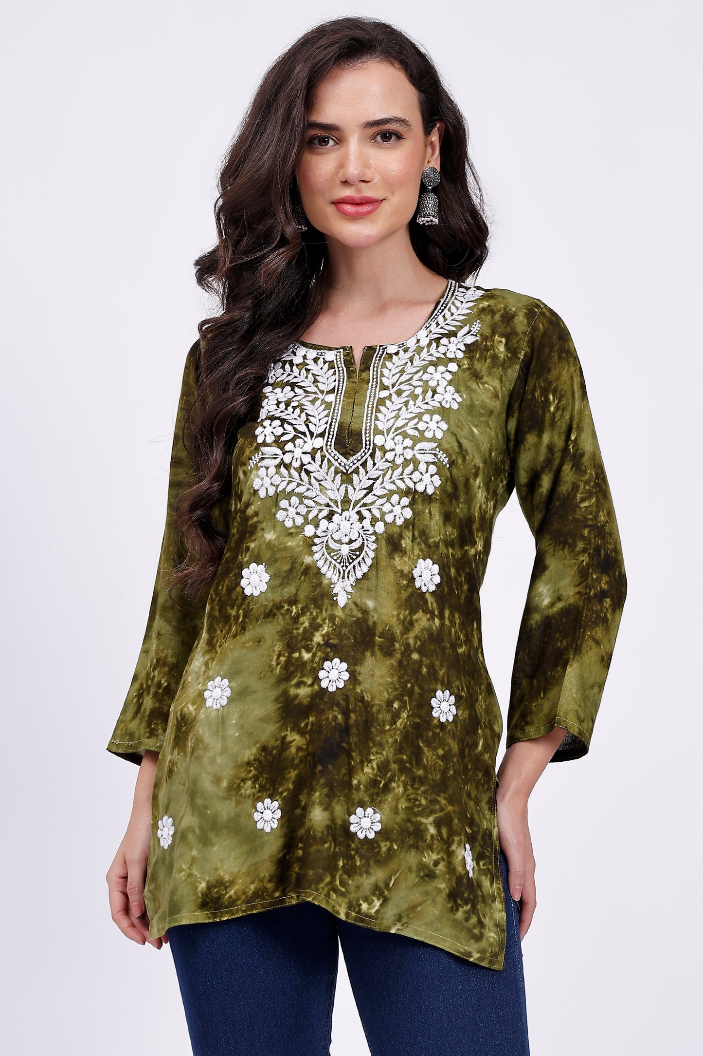 The Chikankari Story Embroidered Rayon Tie-Dyed Chikankari Green short Kurti with 3D Embroidery.