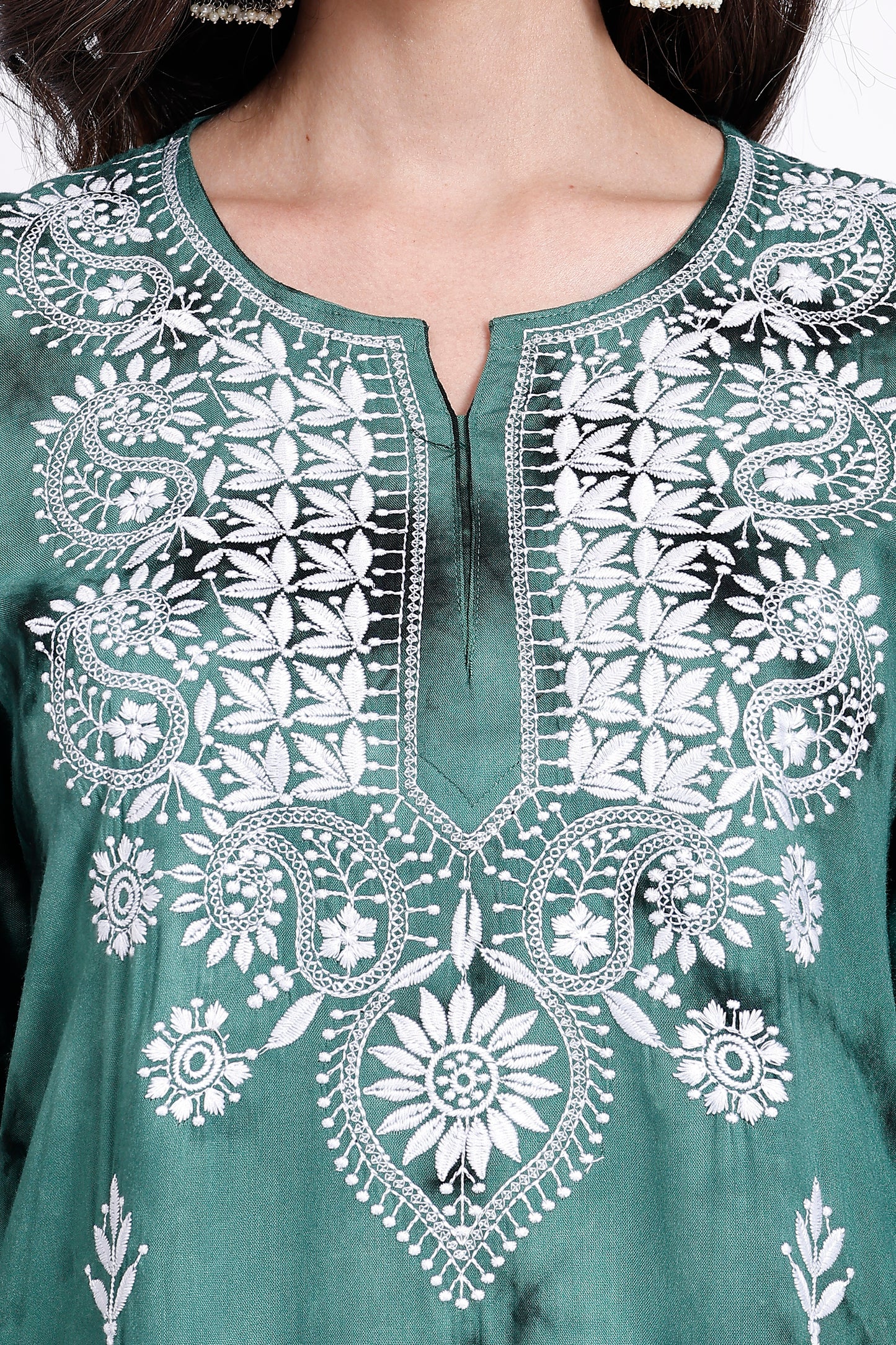 The Chikankari Story Embroidered Rayon Tie-Dyed Chikankari Green Kurti plazzo set having bollywood 3D Embroidery.