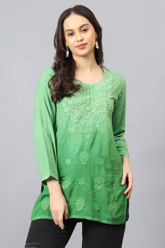 The Chikankari Story: Elegant Rayon Chikankari Kurti with Heavy Neck Embroidery in Red, Purple, Blue, and Green – Short Length, Pre-Dyed Design.