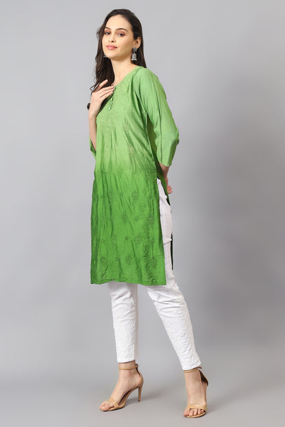 The chikankari story Pure Chanderi Embroidery Kurti - Exquisite Fine Embroidery in Ombre Shades of Red, Blue, and Green - Top Selling Elegant Women's Top.