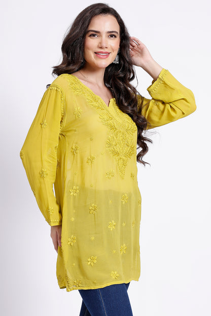 The Chikankari Story Elegant Yellow Viscose Georgette Chikankari hand embroidery 3D work Kurti with Heavy Neck Embroidery – Short Length kurti kurta.