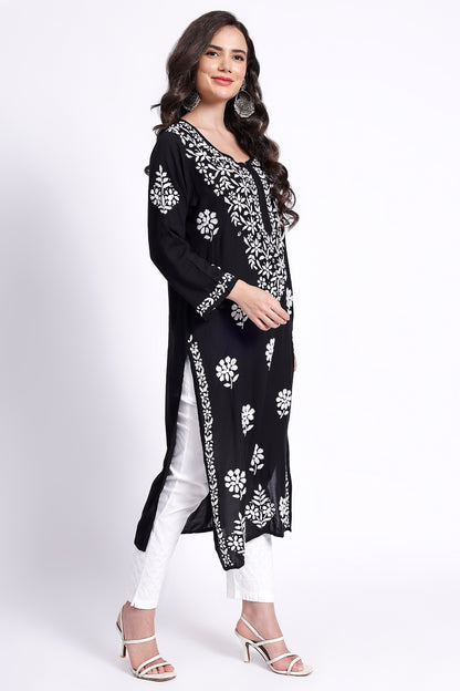 The Chikankari Story Hand-Embroidered Pure Modal Fabric Lucknowi Chikankari Black Kurta kurti having Traditional 3D Motifs Work.