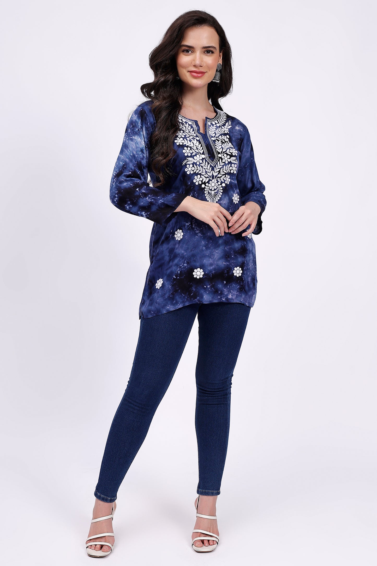 The Chikankari Story Embroidered Rayon Tie-Dyed Chikankari Blue  short Kurti  with 3D Embroidery.