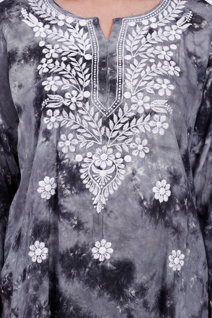 The Chikankari Story Embroidered Rayon Tie-Dyed Chikankari Grey short Kurti with 3D Embroidery.