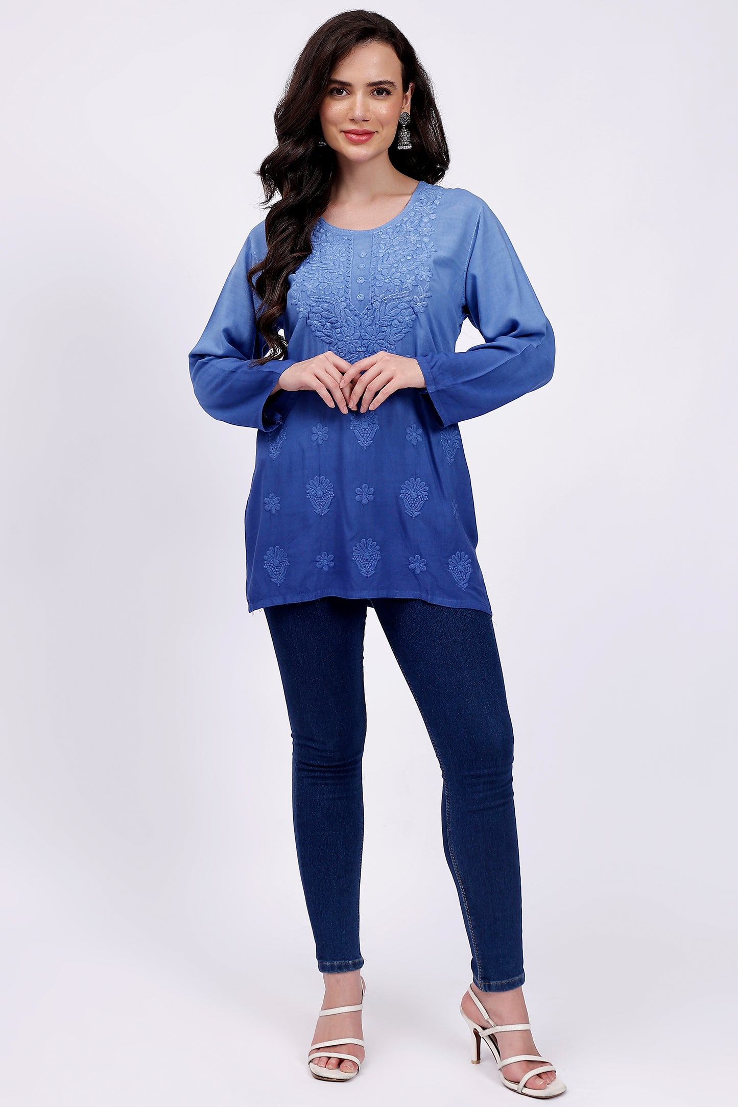 The Chikankari Story Elegant Blue Rayon Chikankari Kurti with Heavy Neck Embroidery – Short Length, Pre-Dyed Design.