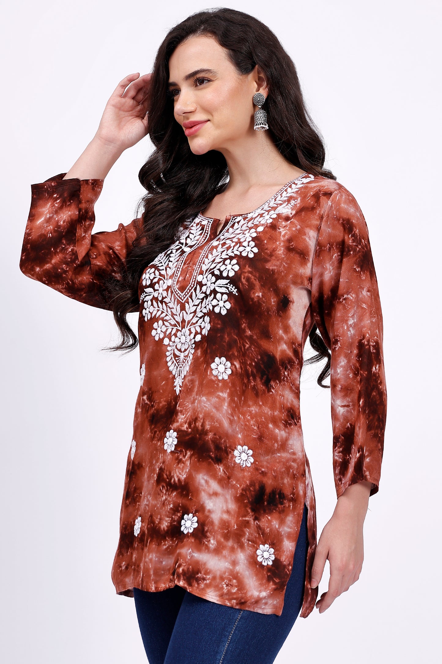 The Chikankari Story Embroidered Rayon Tie-Dyed Chikankari Brown short Kurti with 3D Embroidery.