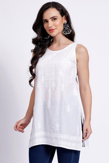 The Chikankari Story White Sleeveless Chikankari Top and Tunic with Hand Embroidery – Lakhnavi Bakhiya and Thread Work.