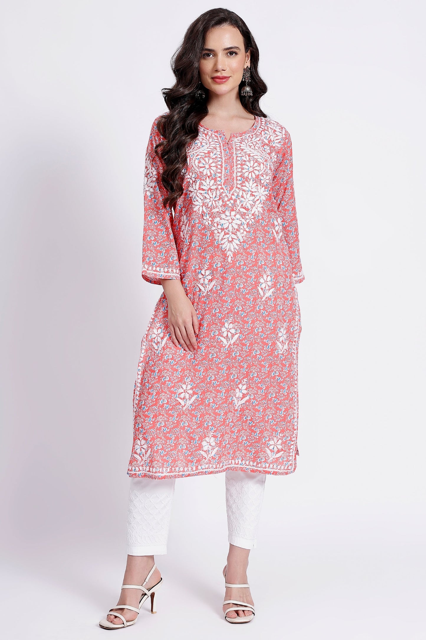 The Chikankari Story Hand-Embroidered Pure Cotton Printed Lucknowi Chikankari Kurta available in 4 subtle Colors