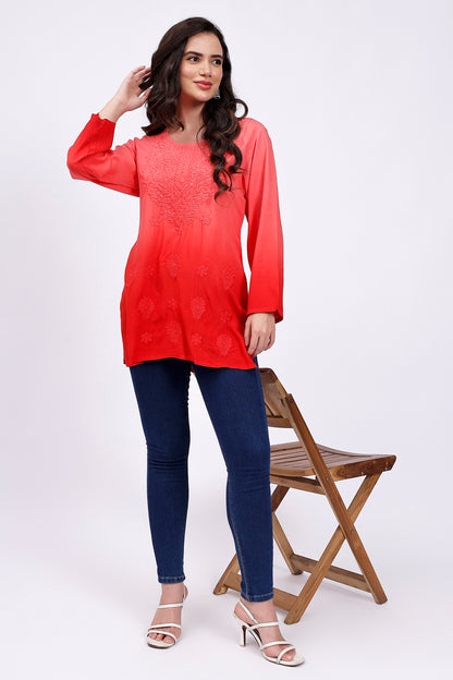 The Chikankari Story Elegant Red Rayon Chikankari Kurti with Heavy Neck Embroidery – Short Length, Pre-Dyed Design.