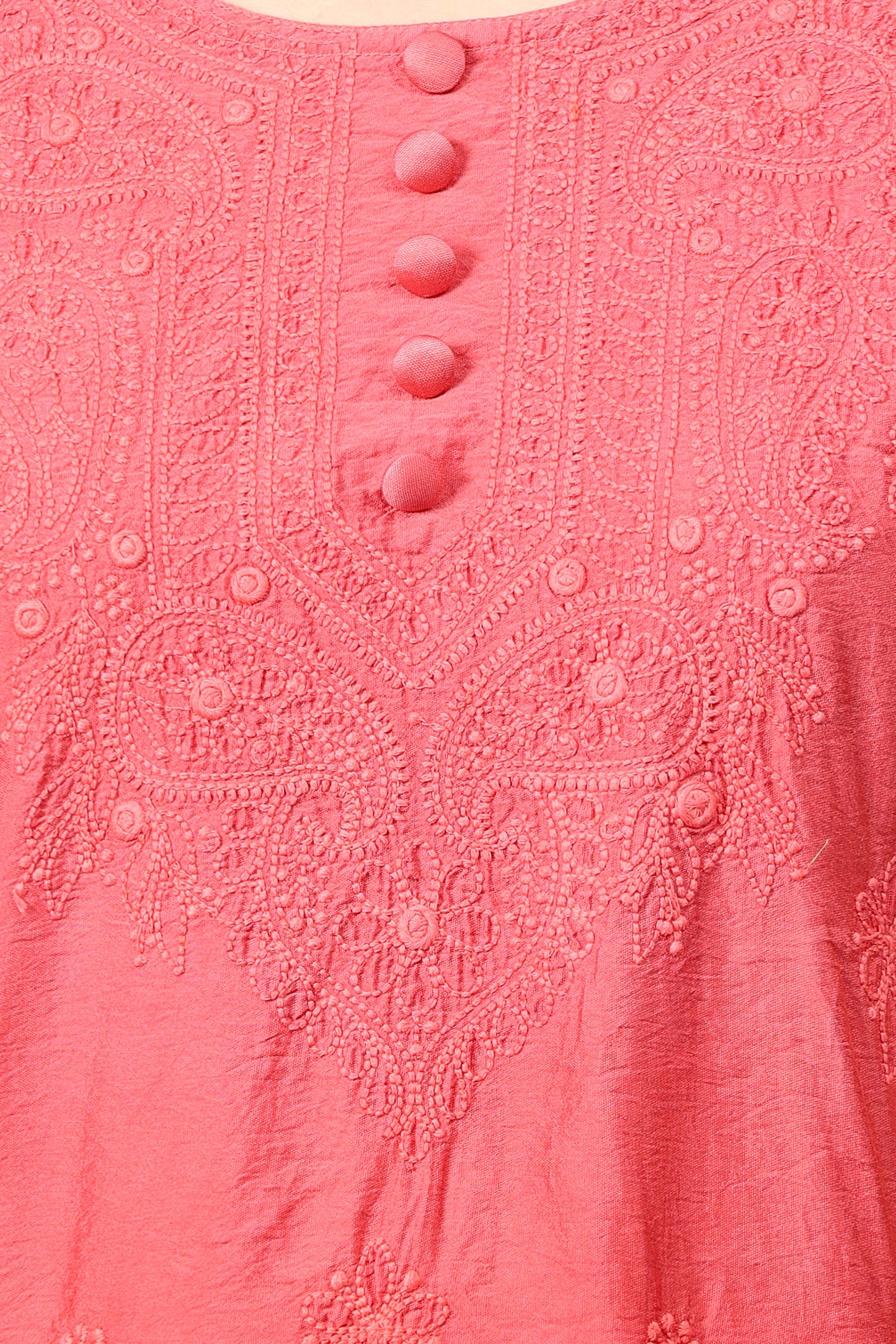 The chikankari story Pure Chanderi Embroidery Kurti - Exquisite Fine Embroidery in Ombre Shades of Red, Blue, and Green - Top Selling Elegant Women's Top.