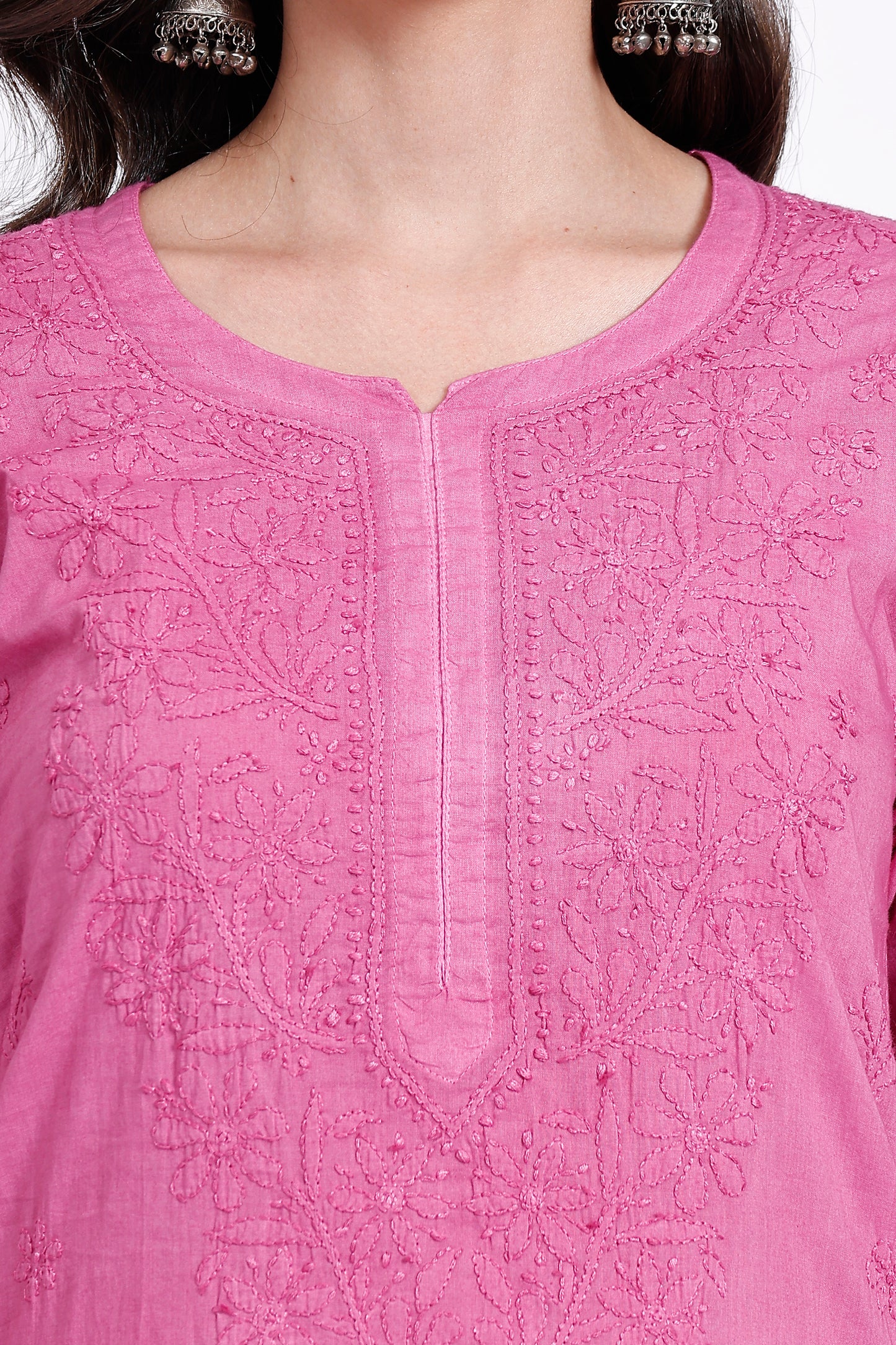 The Chikankari Story Hand-Embroidered Pure Cotton Pre-Dyed Lucknowi Chikankari Pink Kurta kurti having Traditional Bakhiya Work.