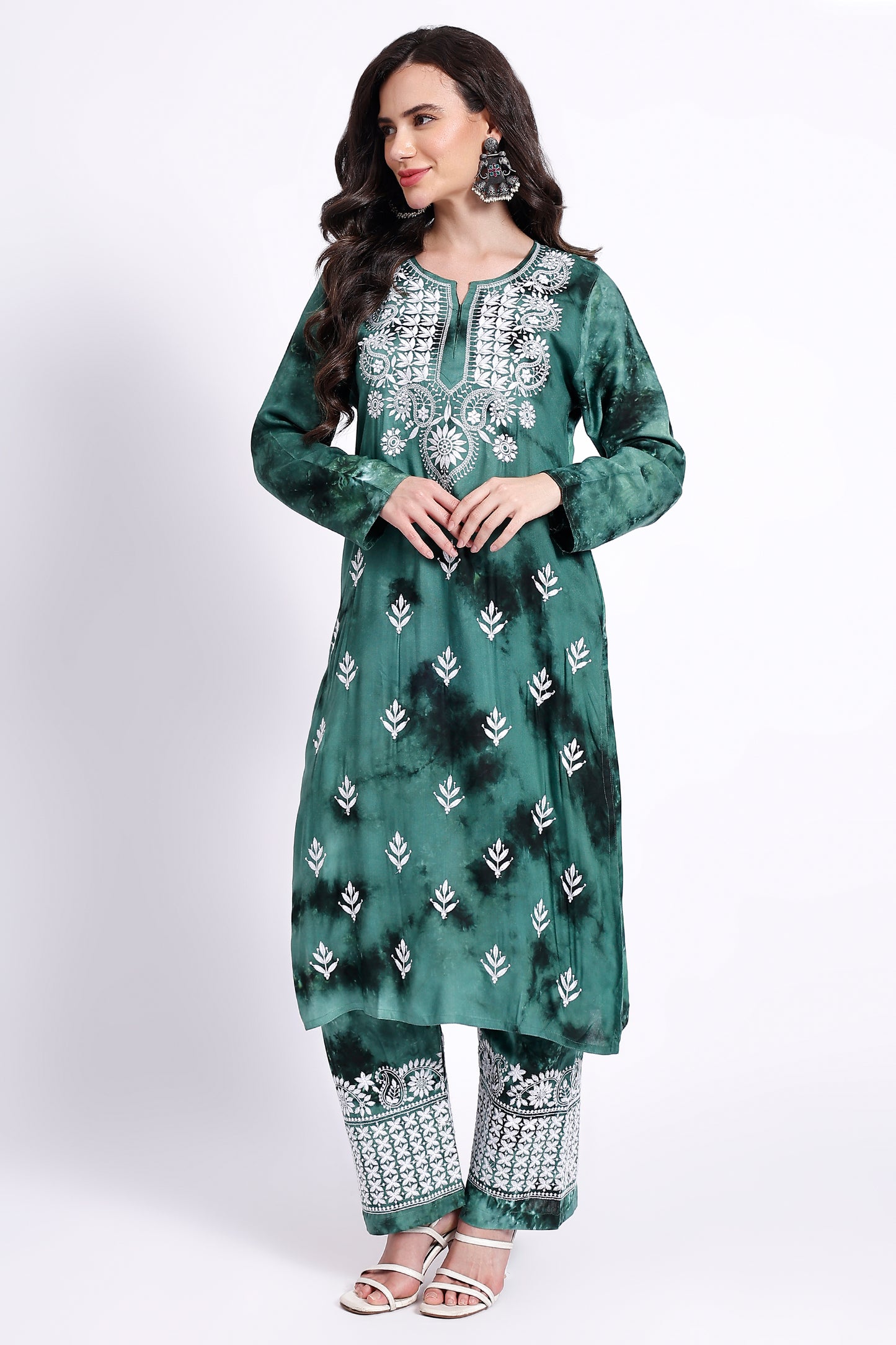 The Chikankari Story Embroidered Rayon Tie-Dyed Chikankari Green Kurti plazzo set having bollywood 3D Embroidery.