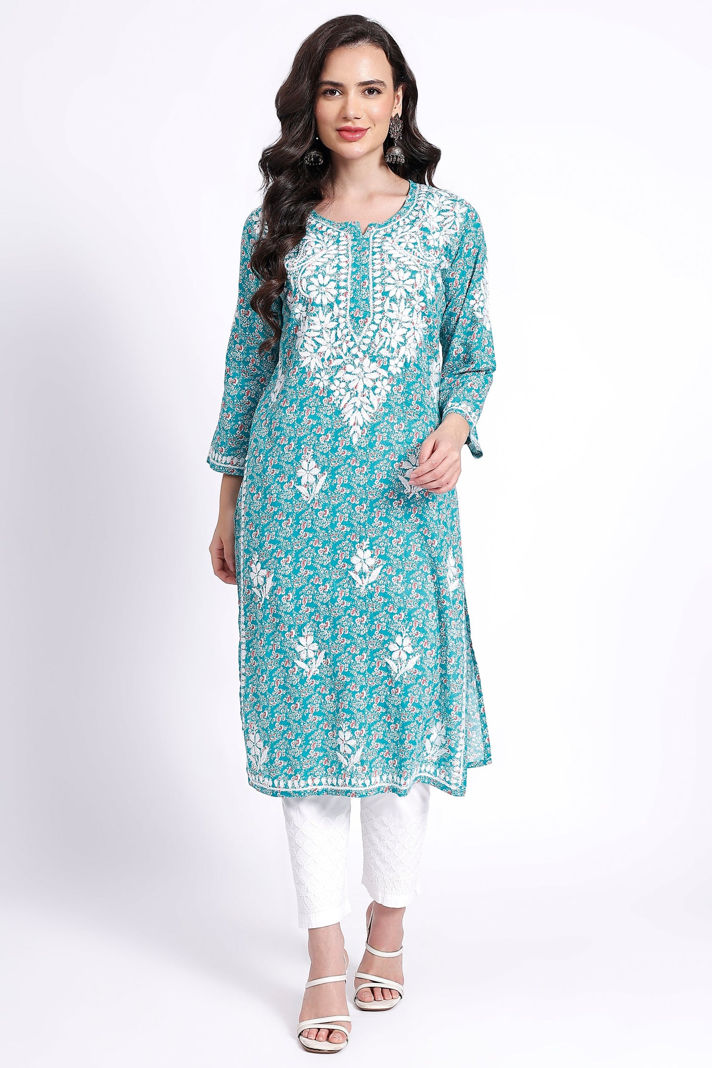 The Chikankari Story Hand-Embroidered Pure Cotton Printed Lucknowi Chikankari Kurta available in 4 subtle Colors