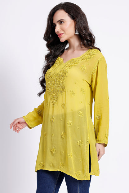 The Chikankari Story Elegant Yellow Viscose Georgette Chikankari hand embroidery 3D work Kurti with Heavy Neck Embroidery – Short Length kurti kurta.