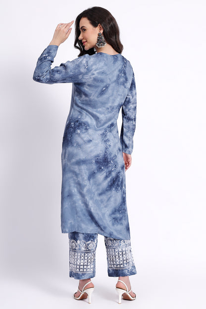 The Chikankari Story Embroidered Rayon Tie-Dyed Chikankari Blue Kurti plazzo set having bollywood 3D Embroidery.