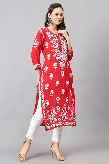 The Chikankari Story Hand-Embroidered Pure Modal Fabric Lucknowi Chikankari Black,Purple and Red Kurta kurti having Traditional 3D Motifs Work.