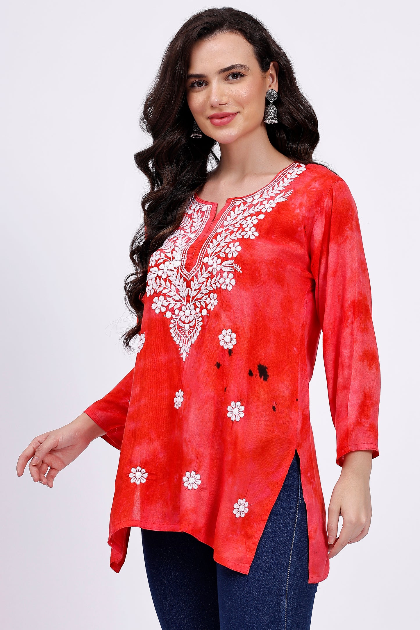 The Chikankari Story Embroidered Rayon Tie-Dyed Chikankari Red short Kurti with 3D Embroidery.