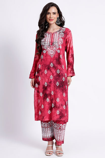 The Chikankari Story Embroidered Rayon Tie-Dyed Chikankari pink Kurti Plazzo set with 3D Embroidery.