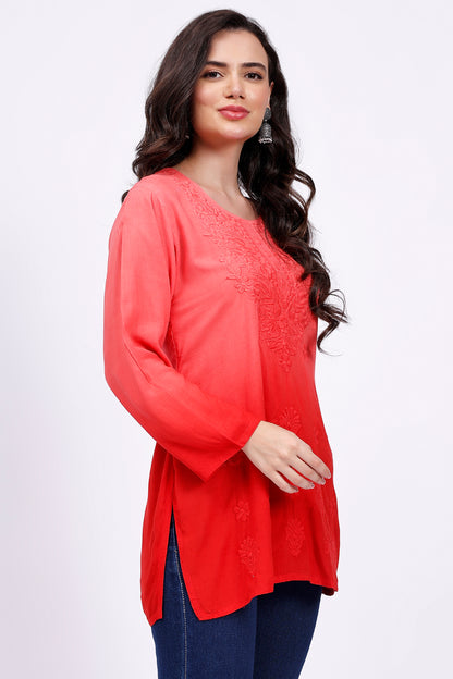 The Chikankari Story Elegant Red Rayon Chikankari Kurti with Heavy Neck Embroidery – Short Length, Pre-Dyed Design.