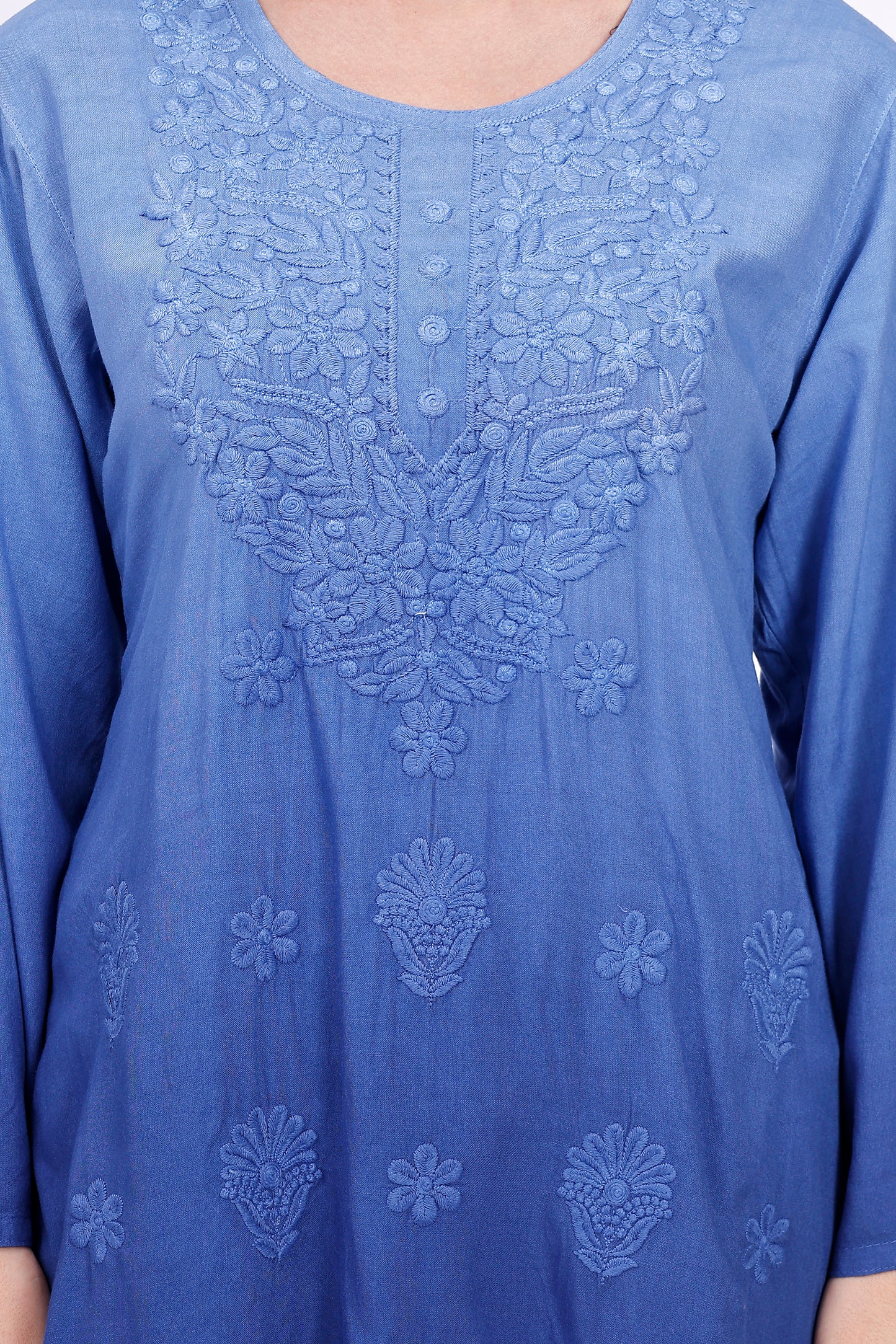 The Chikankari Story Elegant Blue Rayon Chikankari Kurti with Heavy Neck Embroidery – Short Length, Pre-Dyed Design.