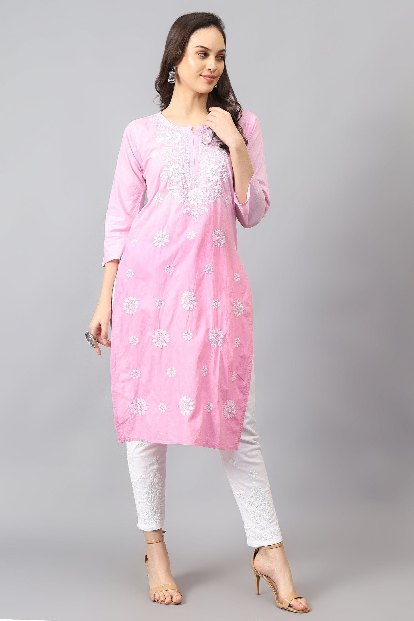 The chikankari story Pure Cotton Kurti for Women - Fine Chikan Kari Machine Embroidery in Ombre Shades of Purple, White, Yellow, Pink, and Blue.