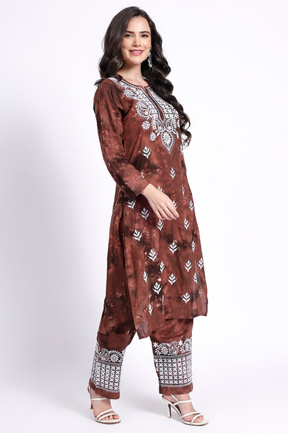 The Chikankari Story Embroidered  Rayon Tie-Dyed  Chikankari Brown Kurti plazzo set having bollywood 3D Embroidery.