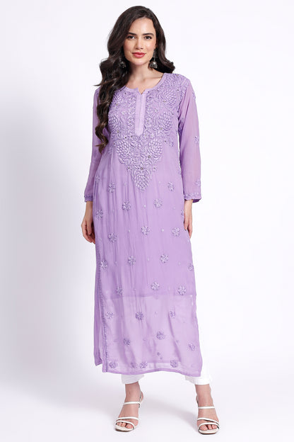 The Chikankari Story Hand-Embroidered Pure Lillac Georgette Fabric Lucknowi Chikankari light purple Kurta kurti having Traditional 3D Hand Work & Mukaish Embellishments.